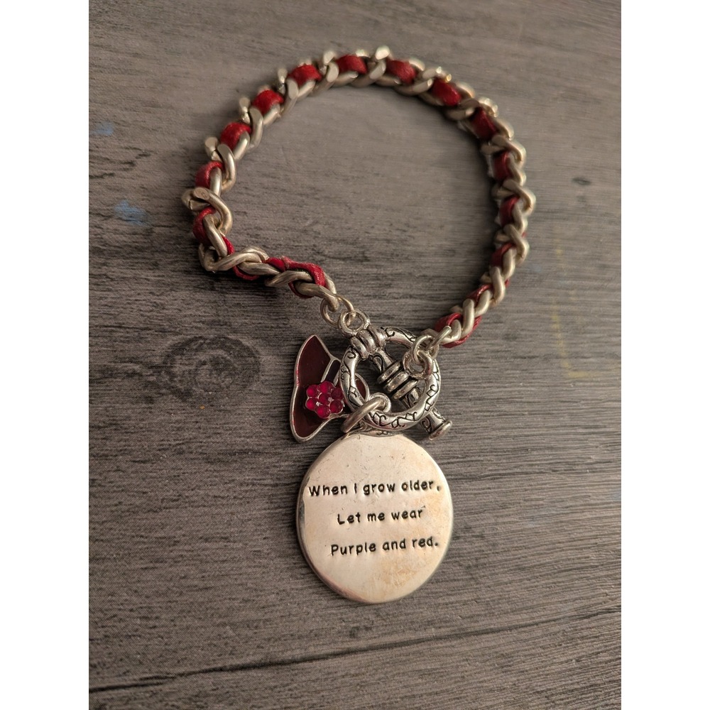 Red Hat Society Silver Tone Woven Red Leather Charm Bracelet Toggle Clasp